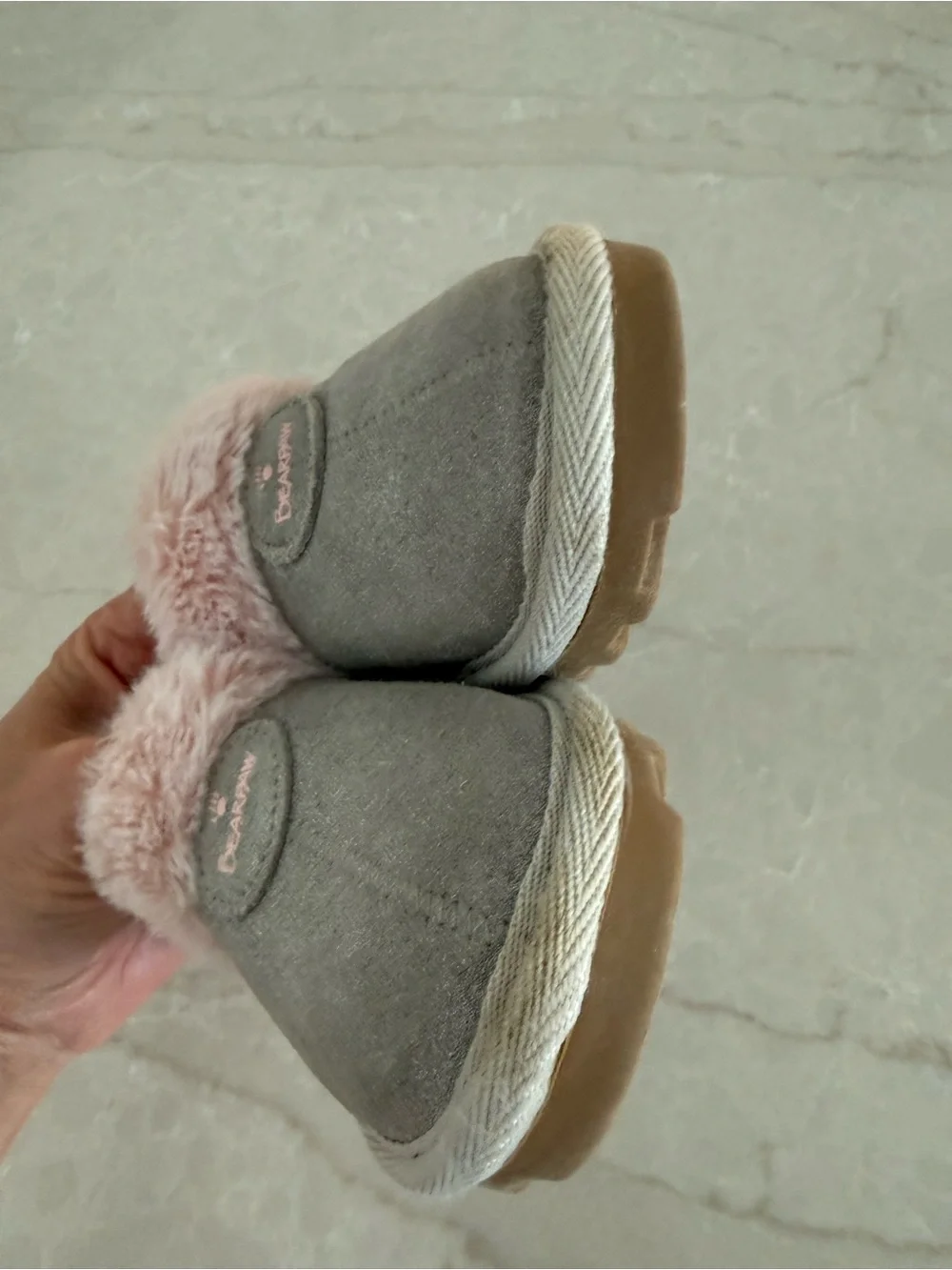 BearPaw Kids Grey Slip-On Shoes with Pink Faux-Fur Collar